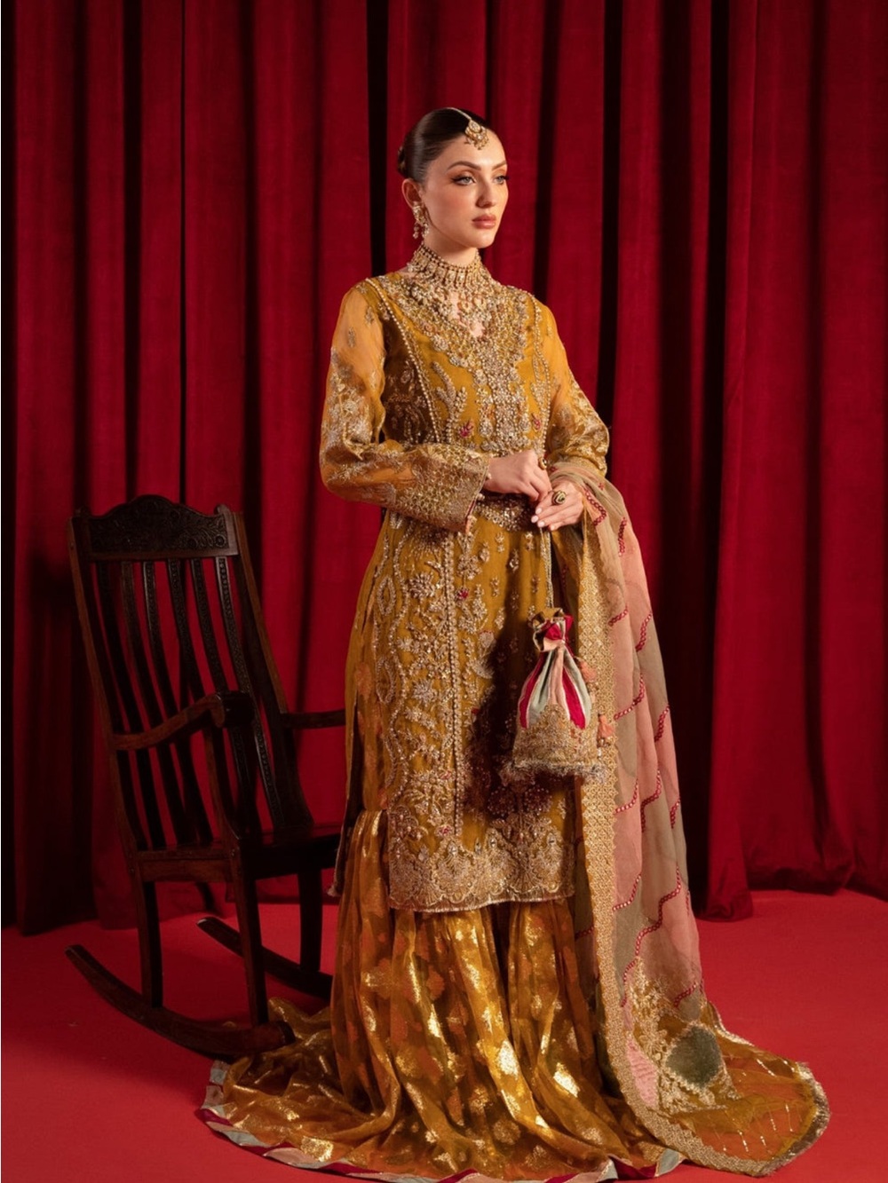 Pakistani Embroidered Mustard Women’s Formal Dress with Gold Accents